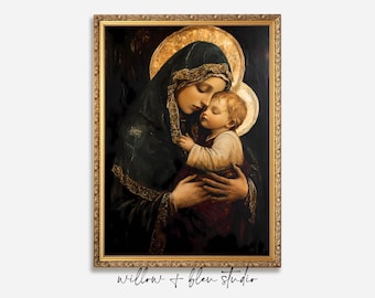 Vintage Krippe druckbare, Mary & Jesus Biblische Weihnachtsdekoration, religiöser Feiertag digitaler Download