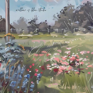 May include: An impressionistic painting of a rural landscape featuring a barn, fence, and field of flowers. The artwork has a soft color palette of greens, pinks, and blues, with the text "willow + bleu studio" in the upper left corner.