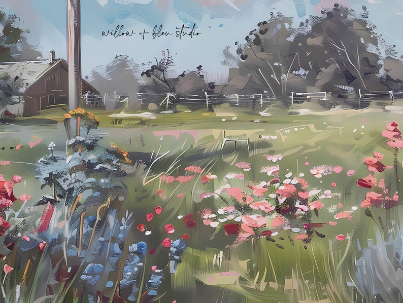 May include: An impressionistic painting of a rural landscape featuring a barn, fence, and field of flowers. The artwork has a soft color palette of greens, pinks, and blues, with the text "willow + bleu studio" in the upper left corner.