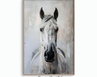 May include: A close-up portrait of a white horse with a soft, muted background. The horse's head is facing the camera, and its eyes are looking directly at the viewer. The image is painted in a realistic style, with subtle brushstrokes and a soft, ethereal feel.