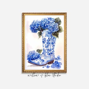 Coastal cowgirl boot floral printable wall art, chinoiserie hydrangea flower print, blue and white southern preppy dorm  or apartment poster