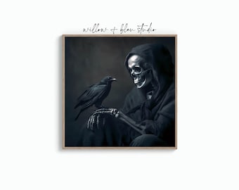Grim Reaper Halloween Art Printable, Gothic Black & White Decor, Spooky Autumn Digital Download