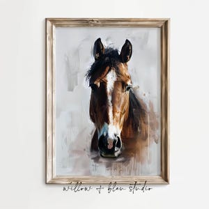 Rustic horse portrait painting, neutral earthy equestrian printable wall art, brown pony country western rodeo poster, digital download