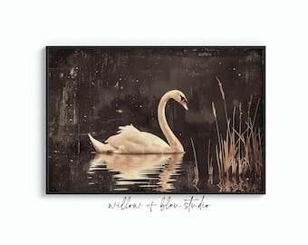 Weißer Schwan Kunst druckbare, dunkle schwermütige botanische Vogelmalerei, Vintage Natur digitaler Download