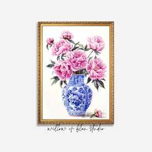 Chinoiserie Vase Pfingstrose Print: Blau Weiße Blumen Wand Kunst (Digitaler Download)