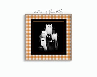 Funny Cat Ghosts Printable, Spooky Halloween Wall Art, Black & Orange Decor Digital Download