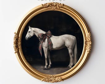 Arte navideño ecuestre al estilo Ralph Lauren, decoración navideña rústica con caballos, descarga digital imprimible.
