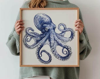 Blue Octopus Wall Art, Watercolor Sea Creature Printable, Ocean Animal Digital Download