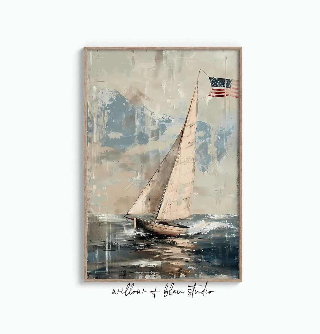 Patriotic Sailboat Print: Vintage American Flag Coastal Art (digital ...