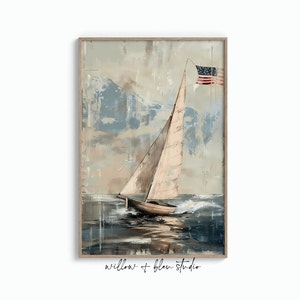 Printable patriotic coastal boat wall art, neutral abstract vintage Independence day American flag prints, digital download July 4th decor