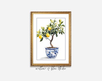 Lemon Tree Wall Art, Chinoiserie Botanical Printable, Coastal Kitchen Digital Download