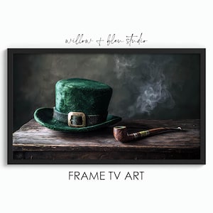 May include: A green felt leprechaun hat with a gold buckle sits on a wooden table next to a brown pipe. Smoke curls up from the pipe.