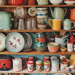 May include: A colourful jigsaw puzzle showing a kitchen shelf filled with vintage dishware, teapots, and kitchen utensils. The puzzle features a red toaster, floral plates, and various cups and bowls. The overall theme is retro kitchen decor.