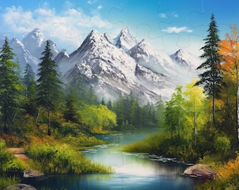 May include: A painting depicting a mountain lake scene with snow-capped mountains in the background, a winding river in the foreground, and lush green trees on either side of the river.
