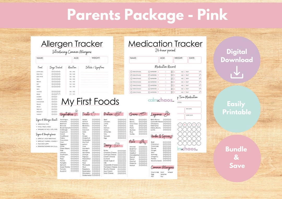 Baby Care Tracker Set: First Foods, Allergen, Medication (printable PDF