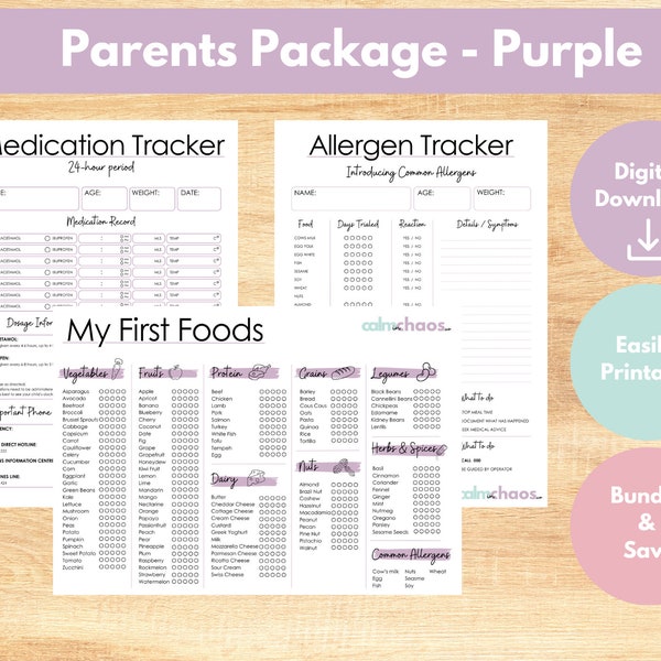Ultimate Baby Care Parent Package - Baby's First Foods, Allergen Tracker, Medication Tracker - Printable PDF - Purple