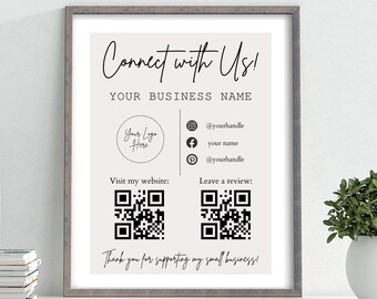 Social Media Sign Template, QR Code Sign, Lets Connect, Lets Get Social, Follow Us Printable, Leave a Review, Editable Small Business Sign