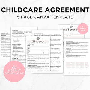 May include: A digital childcare agreement template with a pink instant download button. The template includes 5 pages, with the text "Childcare Agreement" and "5 Page Canva Template" at the top. A bonus page is included.
