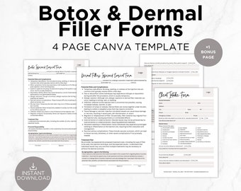Puede incluir: Plantilla Canva de cuatro páginas para formularios de Botox y rellenos dérmicos. La plantilla incluye un formulario de consentimiento, un formulario de admisión del cliente y una página de bonificación. Los formularios están diseñados para ser utilizados por profesionales médicos.