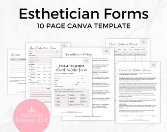 May include: A digital download of 10 printable forms for estheticians. The forms include a client intake form, a skin evaluation form, a cancellation policy, a consent for esthetic services form, and a client treatment record. The forms are designed in a minimalist style with a pink and gray color scheme.