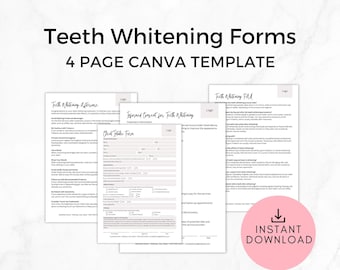 May include: A four-page Canva template for teeth whitening forms. The forms include a client intake form, informed consent for teeth whitening, and a teeth whitening aftercare form. The forms are designed in a minimalist style with a light gray background and black text.