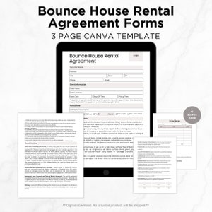 May include: A three-page Canva template for bounce house rental agreements. The template includes a rental agreement form, an invoice, and a bonus page. The form includes fields for customer information, event details, rental rates, and terms and conditions. The invoice includes fields for invoice date, due date, and itemized charges.