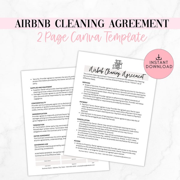 Airbnb Cleaning Contract Template, Printable Cleaning Contract Template, House Cleaning Contract, Canva, Freelance Cleaner Editable Forms