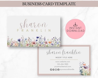 Boho Business Card Template Canva, INSTANT DOWNLOAD, Printable Custom Business Card, Floral Business Card, DIY Calling Card, Bohemian Card,