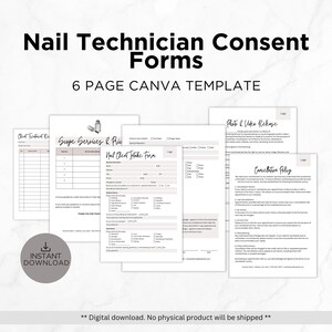 May include: A digital download of six printable forms for nail technicians. The forms include a client intake form, a scope of services and pricing form, a photo and video release form, and a cancellation policy form. The forms are designed in a minimalist style with a pink and white color scheme.