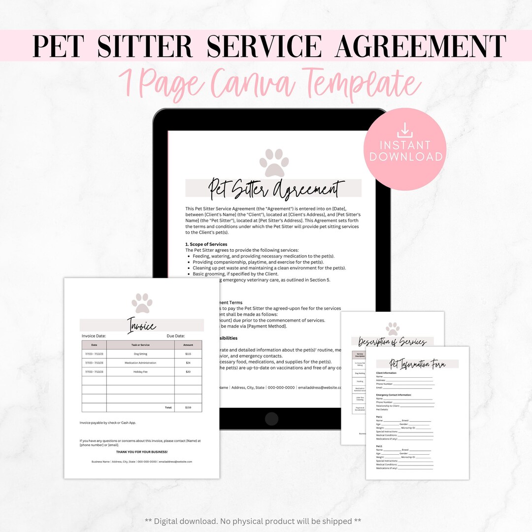 Pet Sitter Contract Template, Contract for Pet Sitting, Dog Sitter
