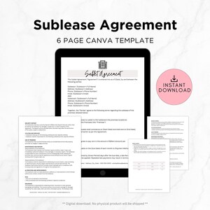 Könnte beinhalten: Ein digitaler Download einer 6-seitigen Canva-Vorlage für einen Untermietvertrag. Die Vorlage enthält Abschnitte für Kaution, Nebenkosten, Instandhaltung und mehr. Die Vorlage ist so konzipiert, dass sie einfach zu bedienen und anzupassen ist.