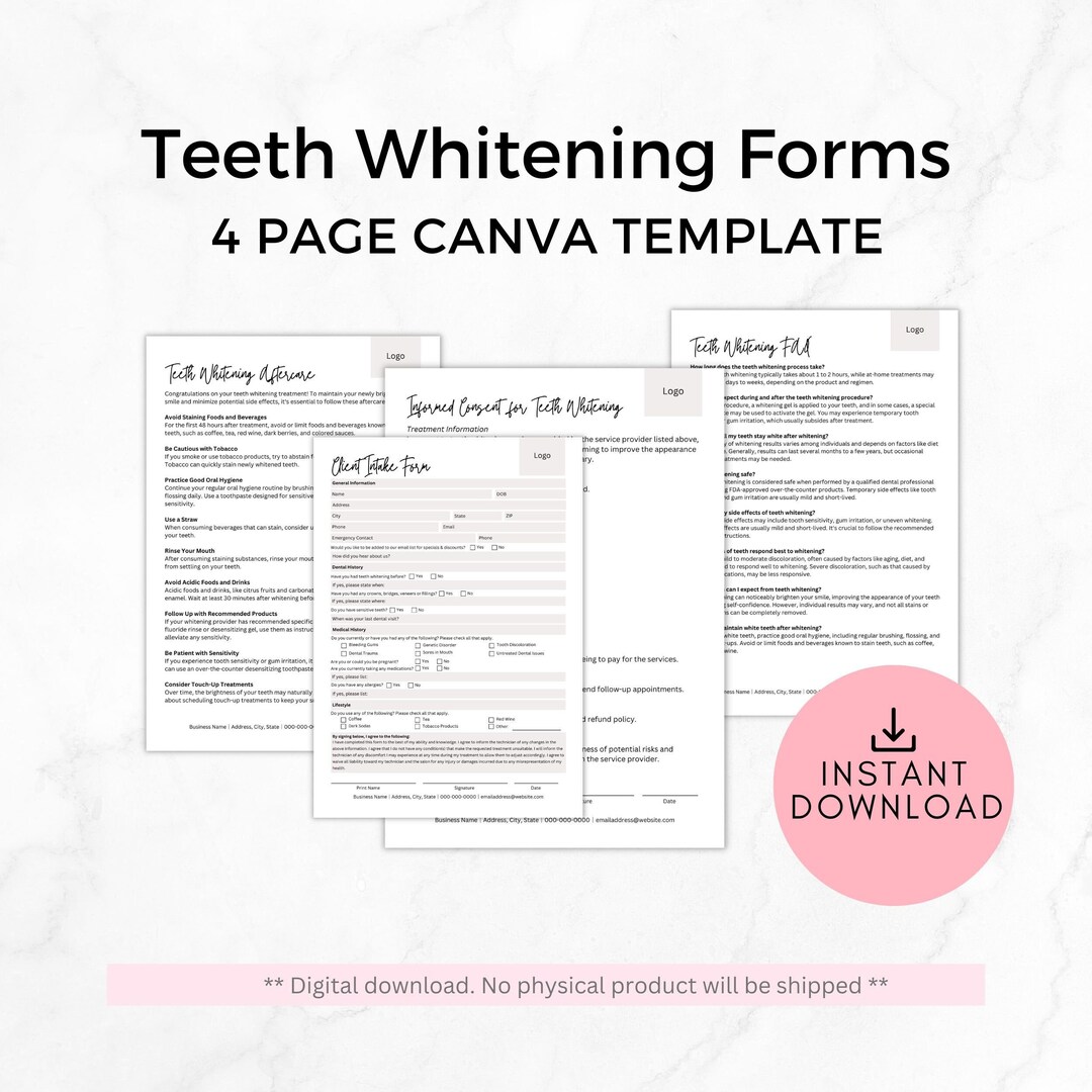 Editable Teeth Whitening Consent Forms, Consent Form Template, Esthetician Forms, Teeth