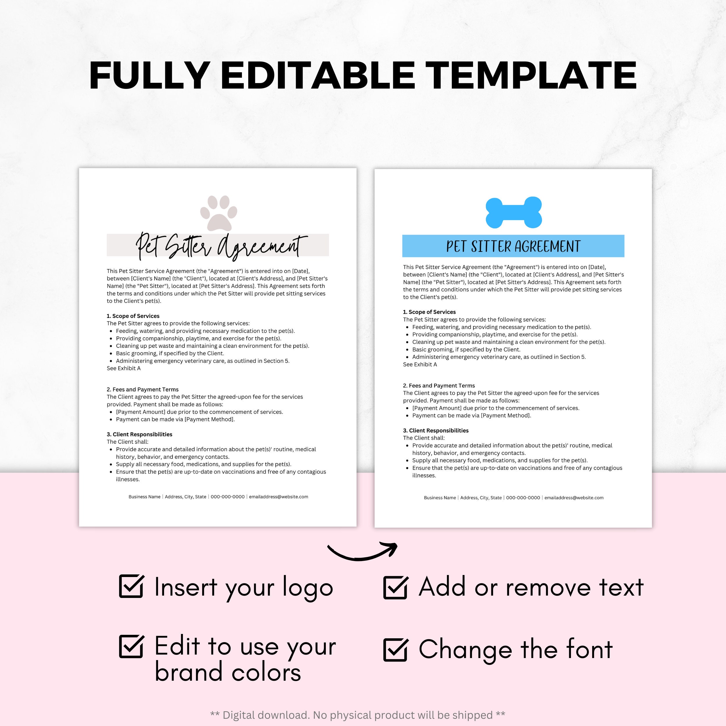 Pet Sitter Contract Template, Contract for Pet Sitting, Dog Sitter