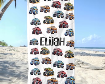 Personalized Child Monster Truck Beach Towel - Custom Name Kids Towel, Personalized Beach Accessories, Children's Gift, Unique Beach Towel,