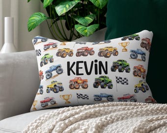 Personalized Monster Truck Pillow, Boys Trucking Gift, Lifted Trucks Decor, Customized Grandson Son Birthday Gift