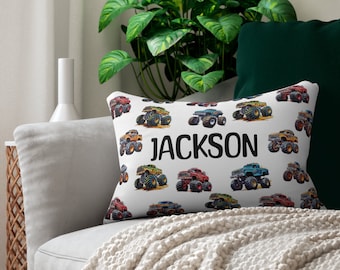 Personalized Monster Truck Pillow, Boys Trucking Gift, Lifted Trucks Decor, Customized Grandson Son Birthday Gift