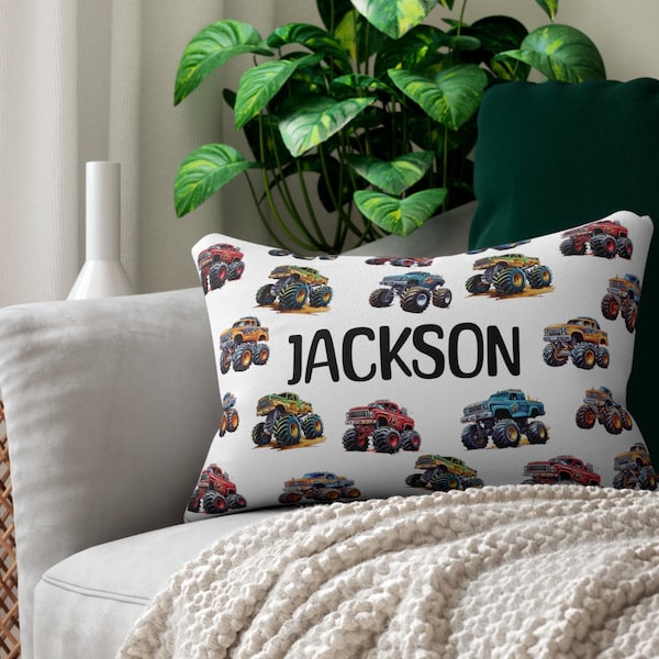 Personalized Monster Truck Pillow, Boys Trucking Gift, Lifted Trucks Decor, Customized Grandson Son Birthday Gift