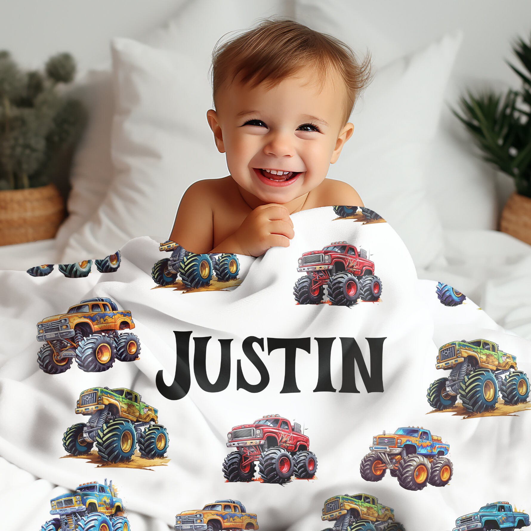 Personalized Monster Truck Blanket Kids Blanket, Custom Boys Monster