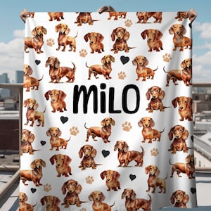Personalisierte Name Dackel Decke Geschenk, Hunde-Liebhaber-Geschenk, gemütlicher Überwurf, Tierdruck-Bettwäsche, niedliches Haustier-Dekor, Fleece-Decke mit individuellem Haustiernamen