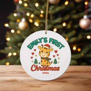 Personalized Name Baby&#39;s First Christmas Ornament, Cute Giraffe Animal, Keepsake Gift, Hanging Decor, Custom Holiday Gift, Ceramic