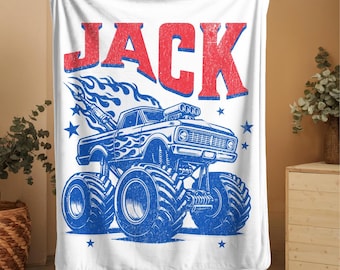 Personalized Monster Truck Blanket for Kids, Custom Monster Truck Room Decor, Grandson Truck Gift Bedding, Bedroom Trucks, Plush Blanket