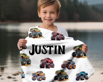 Gepersonaliseerde monstertruckdeken, fluwelen nertsdeken, monstertruck, vrachtwagendeken, jongensmonstertruck, aangepaste monstertruckdeken