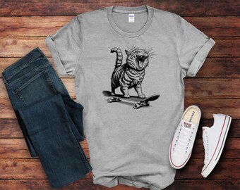 Camiseta de gato gritando en patineta, regalo para un skater atrevido