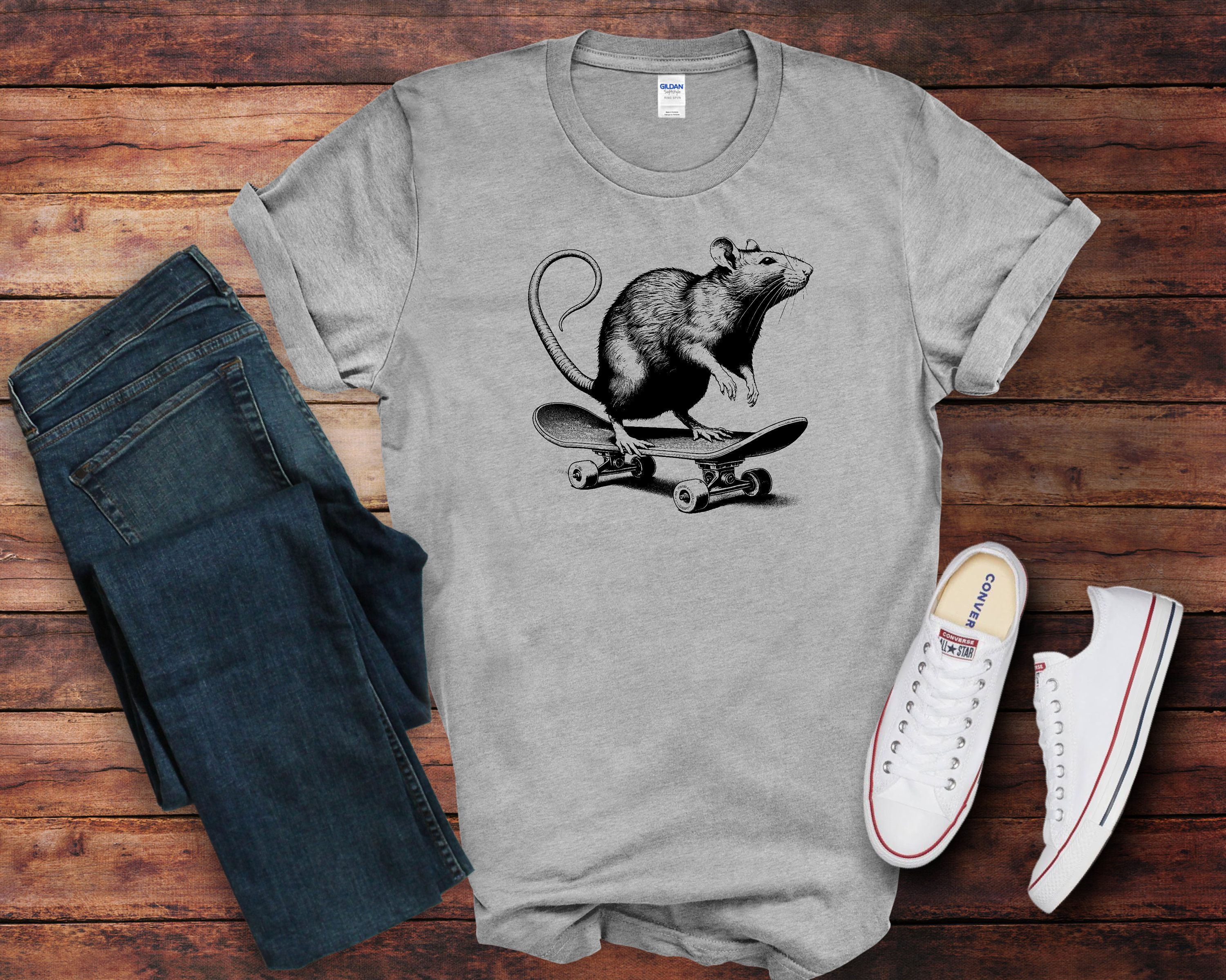 Rat on Skateboard T-shirt: Urban Copper Engraved Style Tee