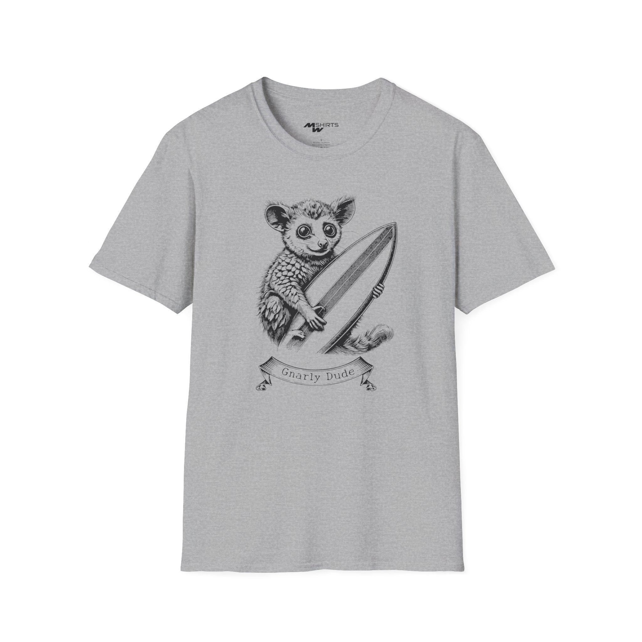 Gnarly Dude Surfing Galago T-Shirt - Copper Engraving Style/ Unisex Softstyle T-Shirt