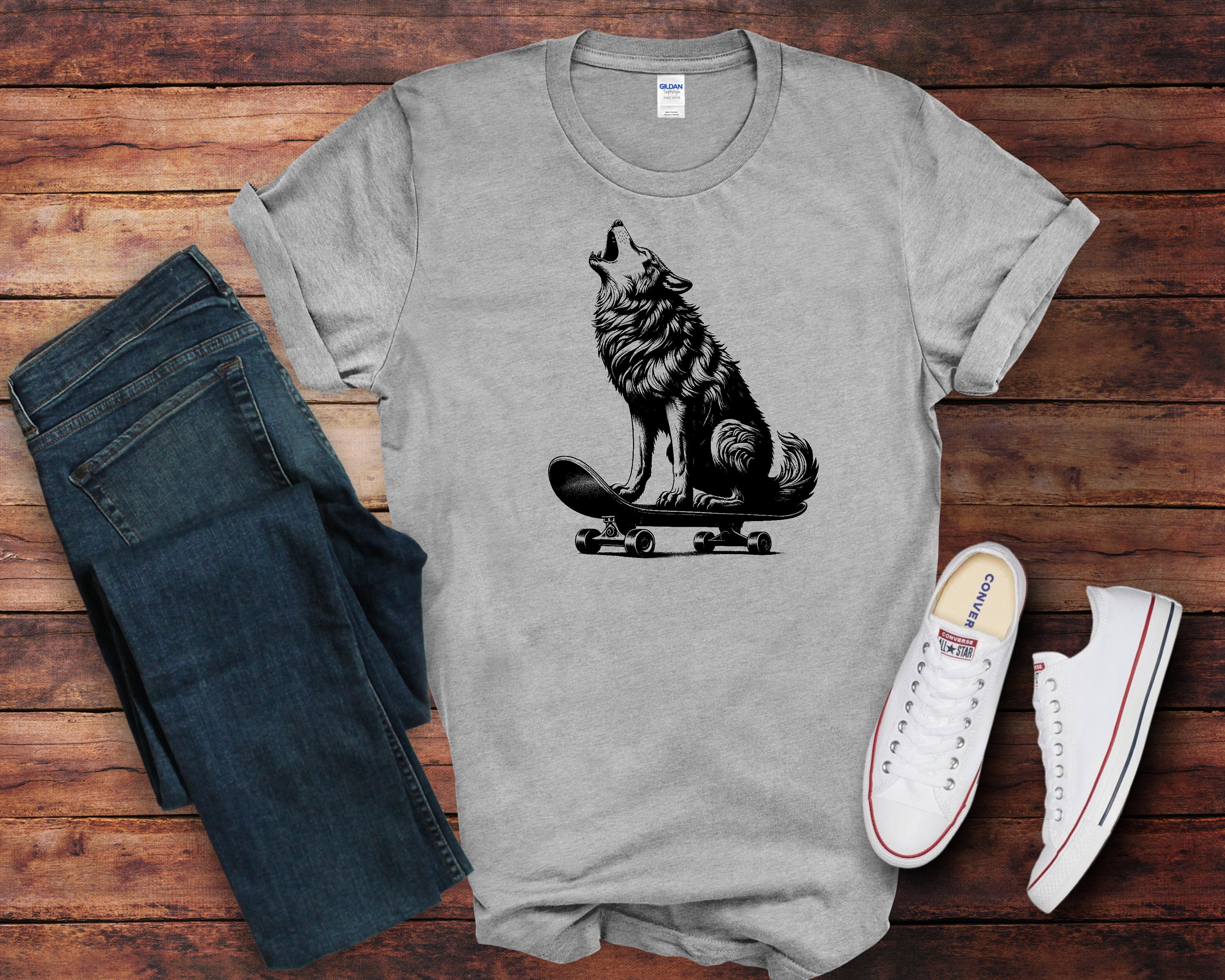 Hauling Wolf on Skateboard T-Shirt - Bold Copper Engraved Style Tee for Adventure Seekers/ Unisex Softstyle T-Shirt
