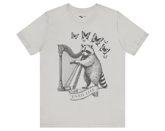 Raccoon Playing Harp T-Shirt - Engraving Style | &quot;Enjoy Life&quot; Ribbon with Butterflies/ Unisex Jersey Short Sleeve Tee