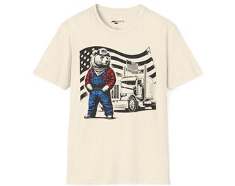 Vintage Trucker Bear T-Shirt - Semi-Truck & amerikanische Flagge Design / Unisex Softstyle T-Shirt