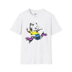 May include: White t-shirt with a graphic of a hamster wearing roller skates and a yellow tank top. The hamster is in mid-air, with its mouth open and its eyes wide. The graphic is in black and white, with pink and blue accents.