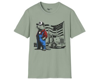 Vintage Trucker Beaver T-Shirt - Semi-Truck & American Flag Design/ Unisex Softstyle T-Shirt